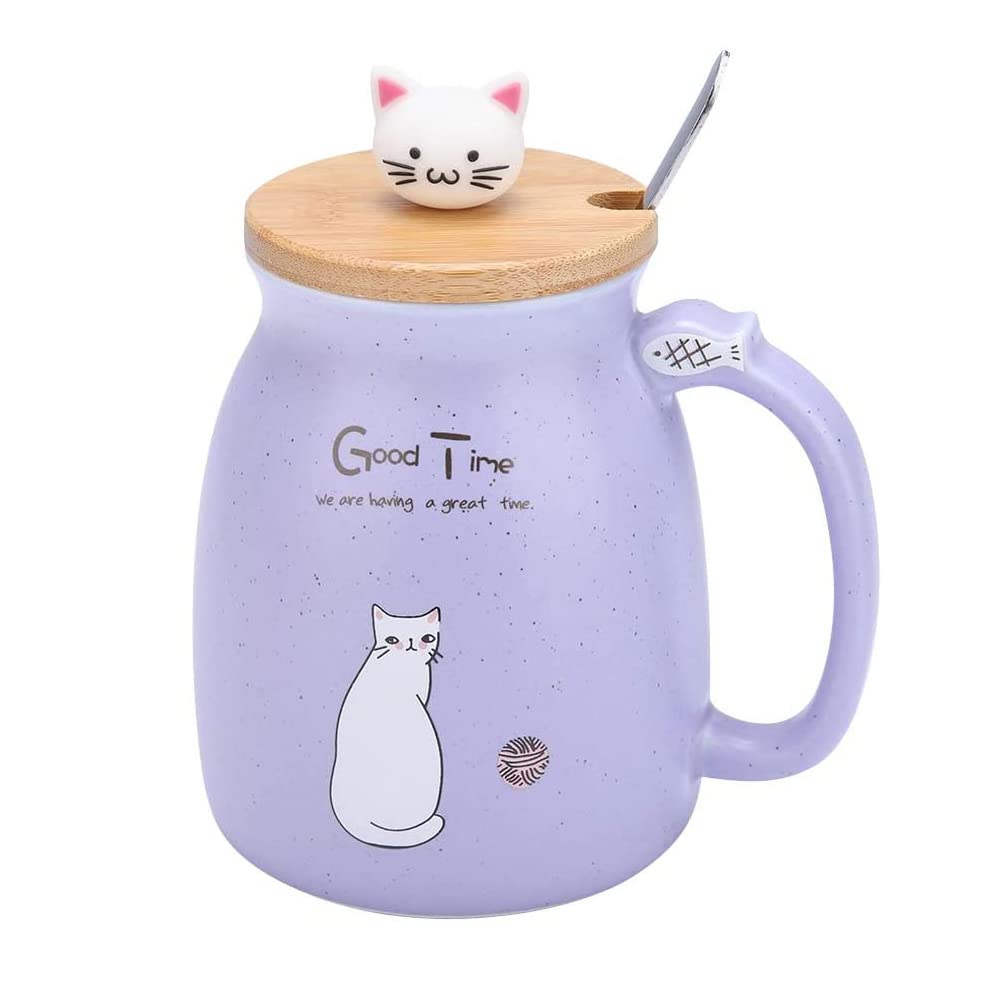 HwaGui Ceramic Water Tea Cup Cute Cat Cup Milk Mug Gift 420 ml (Purple)