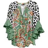 Women's Summer Colorful Boho Floral Printed V-Neck Ruffle Bell Sleeve Tops Dressy Casual 2025