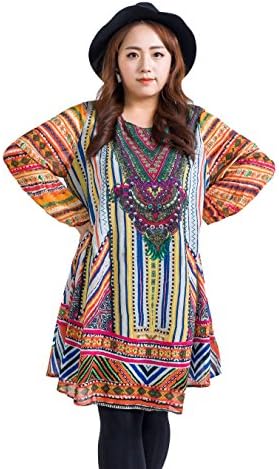 PLUSYARD Women's Long Sleeve National Chiffon Dress Plus Size Yellow