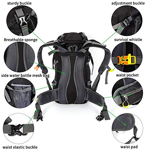ONEPACK 50L(45+5) Hiking Backpack Waterproof Backpacking Bag Outdoor Sport Daypack for Climbing Mountaineering Camping Fishing Travel Cycling Skiing with Rain Cover (Black) - Thumbnail 6