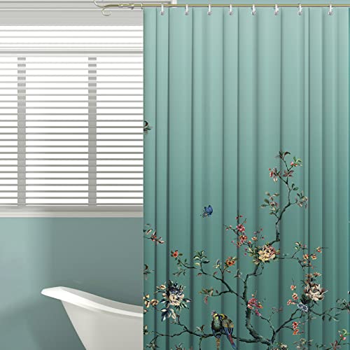 LIVETTY Ombre Green Floral Shower Curtain Birds 72x78 inches with 12