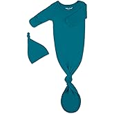 Newborn Baby Knotted Gown, Super Soft Silky Infant Long Sleeve Sleeper for Baby Girl and Boy Sleeping Bag with Hat (Blue Green, Newborn)