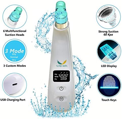 Advanced Blackhead Oil Comedone Remover Vacuum Touch BS-8929 - Electric Pore Vacuum Cleaner USB with Display Led New 2019-6 Heads Green Unisex - Bonus Two Exfoliating Sponges