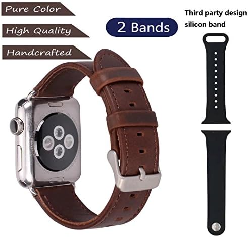 2 Pack Genuine Leather and Silicone Sport Wristband Strap Replacement Band for iWatch Series 1 Series 2 Series 3, 42mm Dark Brown Black