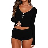 INFITTY Womens Sexy Vneck 2 Piece Sets Casual Long Sleeve Button Short Pajama Outfit 2026 Trendy Crop Top Nightwear