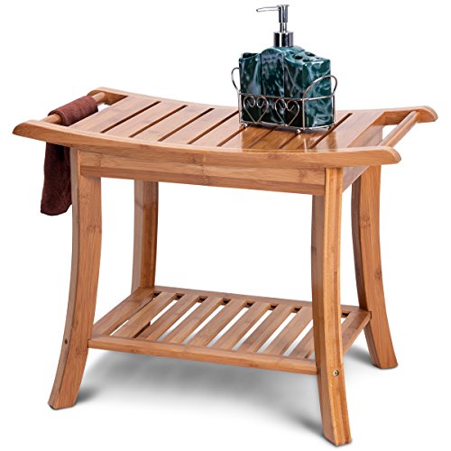 Giantex 24" Bamboo Bathroom Shower Bench with Storage Shelf Wood Indoor Bathing Bench Spa Bath Seat Bench Stool Modern Outdoor Waterproof Shower Bench