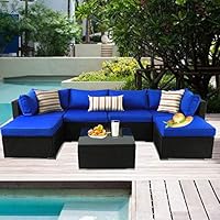 Patio Furniture Black Rattan Sofa Wicker Sectional Couch Set Outside Conversation Garden Furniture Royal Blue Cushion 7pcs