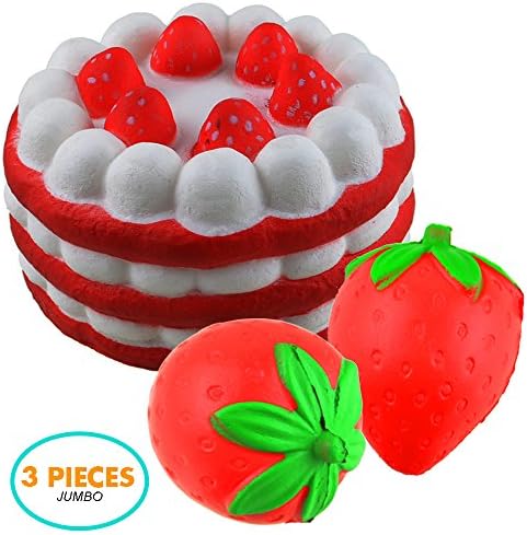 3 Pcs Slow Rising Jumbo Rainbow Squishy Cake and Strawberry Fruit Charms Squishy Toys Stress Relief Toys Party Favors ( Colour Random)