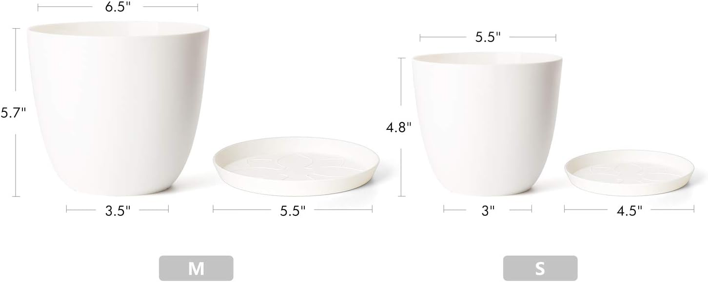 Mkono Plastic Planters with Saucers, Indoor Set of 5 Flower Plant Pots Modern Decorative Gardening Pot with Drainage for All House Plants, Herbs, Foliage Plant, and Seeding Nursery, Cream White, 6.5": Garden & Outdoor