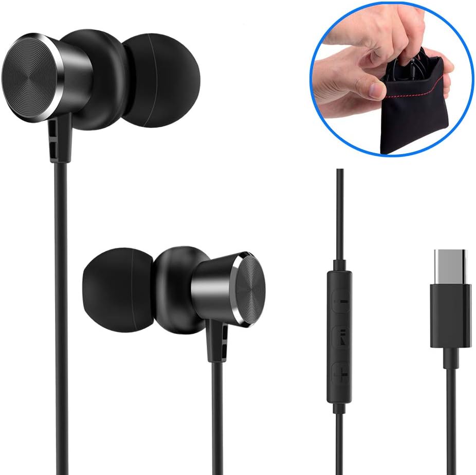 USB Type C Earphone Earbud Headphones，Gift Bag &Magnet Design Easy Storage,with Mic Remote Control，xiaomi Huawei Nubia.