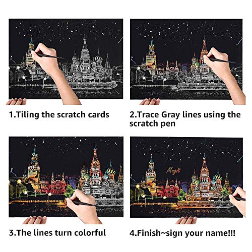 MIASTAR Scratch & Sketch Art for Kids & Adults, Rainbow Painting Night View Scratchboard(A4), Art & Craft, Scratch Art Set: 4 Sheets Scratch Cards & Scratch Drawing Pen, Clean Brush (City Fireworks) - Thumbnail 6