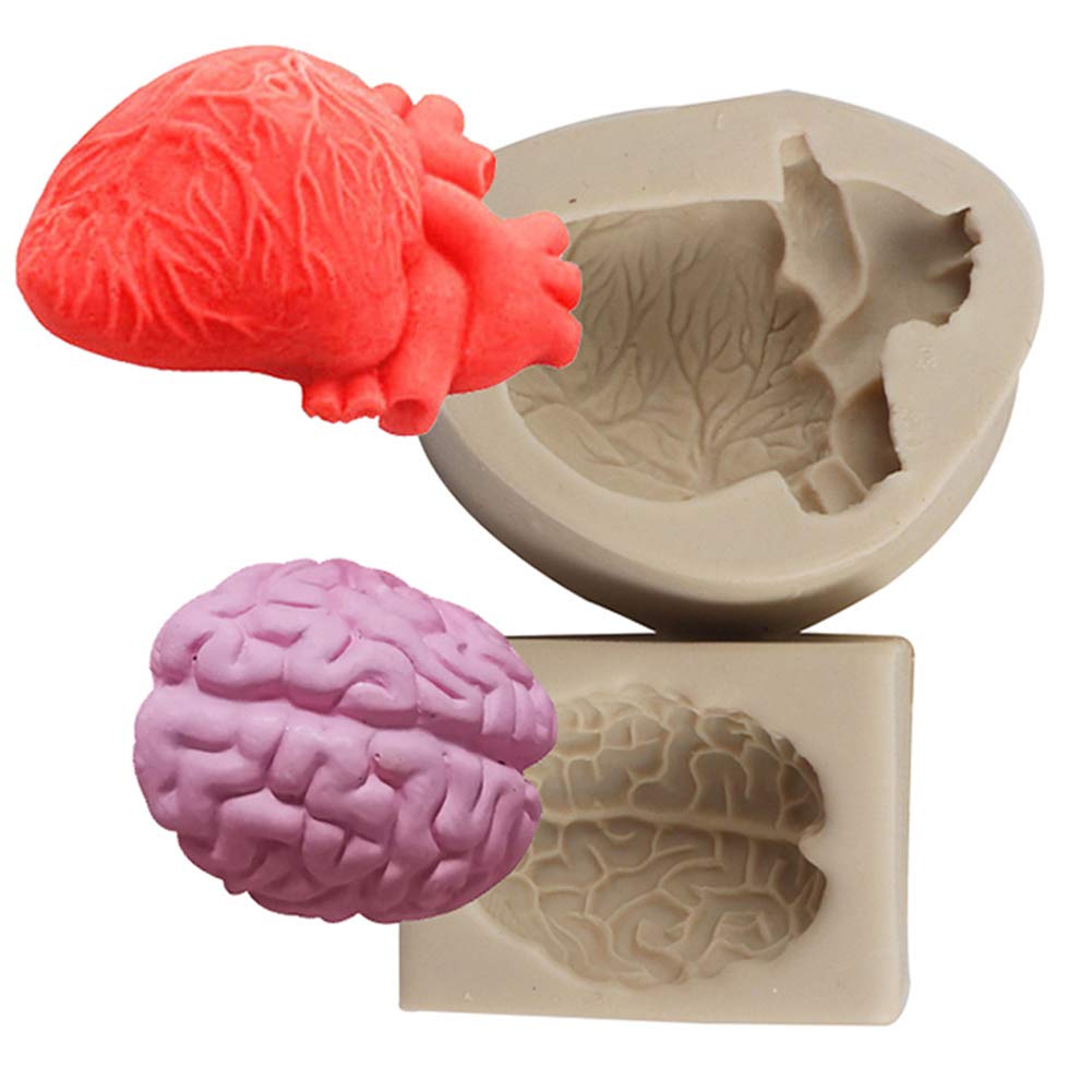 XLZSP DIY Halloween Simulation Human Organ Silicone Molds 3D Heart and Brain Fondant Cake Mould Chocolate Biscuit Polymer Clay Plaster Ice Mold Kitchen Baking Decoration Tool