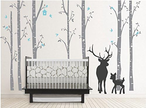 Amazon Com Birch Decal With Buck Seven Birch Trees Decals Buck Decal Nursery Birch Trees Christmas Deer Tree Decal Wall Sticker Stickers Kids Home Kitchen