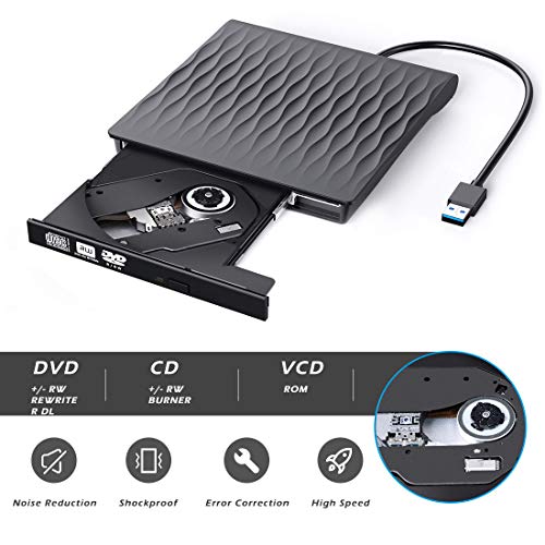 External CD DVD Drive, USB 3.0 Slim Portable External CD DVD Rewriter Burner Writer, High Speed Data Transfer USB Optical Drive for PC Desktop/Laptop/Linux/Mac OS/Windows 10/8/7/XP(Black)