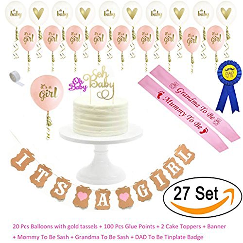 Baby Shower Decorations Strung Banner (OH BABY) & 20PC Balloons with Ribbon [Gold, Confetti, White] Kit Set | Hang on Wall | Glitter Unisex Pregnancy Announcement It's A Girl Baby Shower Party