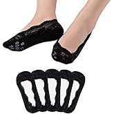 Cafurty 5 Pairs Lace No Show Socks Women No Show Liner Socks Low Cut Casual Socks Non Slip(Black,5-7 Inches, Small Size)