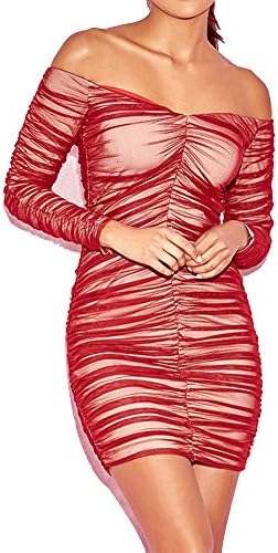UONBOX Women's Stretch Off Shoulder Long Sleeves Mini Tulle Bandage Dress for Clubbing size S (Wine)