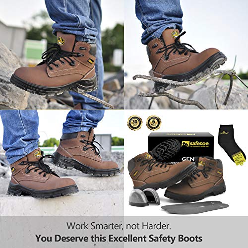SAFETOE Men's Steel Toe Safety Boots Water-Resistant Lightweight Lace Up Leather Shoes, Brown, 8 D(M) US