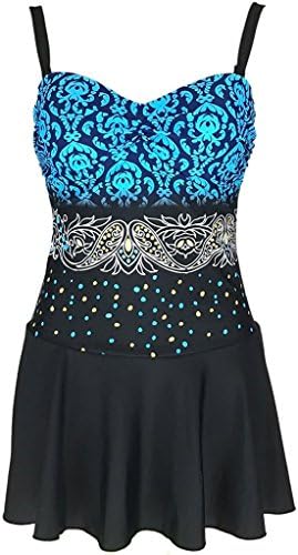 Fxford Women's Plus Size Swimdress One Piece Cover Up Swimsuit Tankini Beachwear FX6667(Blue,14)