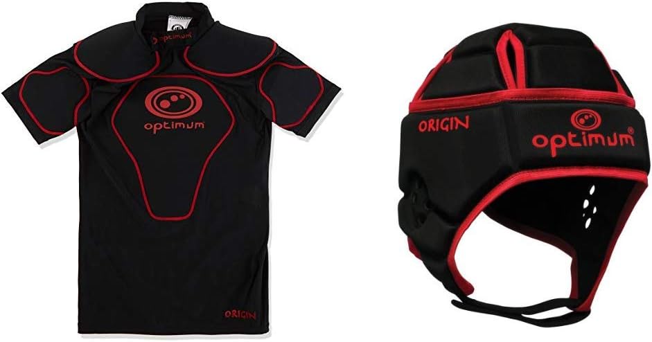 Optimum Unisex Junior Origin Protective Top Shoulder Pads - Black/Red, Large with Optimum Unisex Junior Origin Protective Headguard - Black/Red, Large