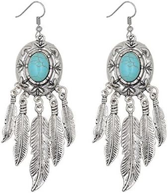 Venusvi Bohemia Boho Turquoise Tassels Earrings Ethnic Tibetan Silver Oval Rimous Crystal Drop Dangle Ear Pendants for Women