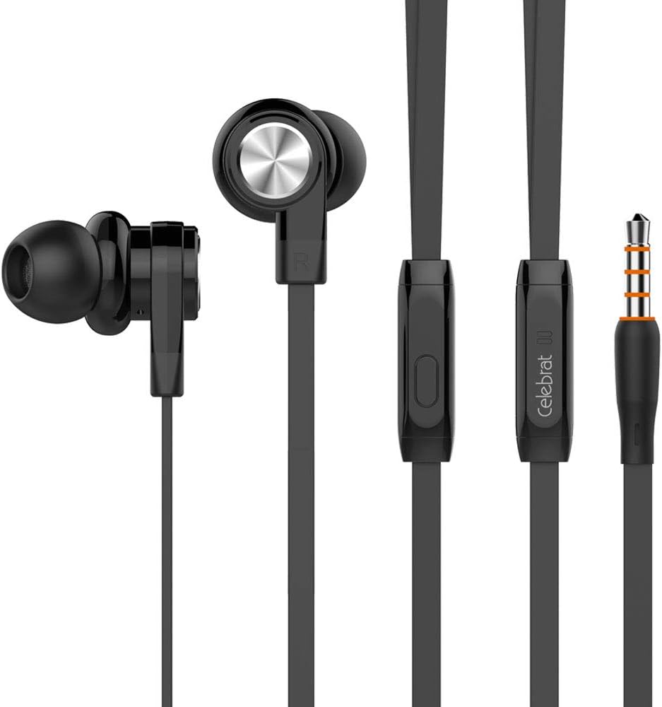 Celebrat Earphones, In ear Headphones with Microphone - High Fidelity, Heavy Bass, Noise Isolating, Replaceable Earbuds for iPhone, iPod, iPad, MP3, Samsung, Nexus, Android Smartphones – Black