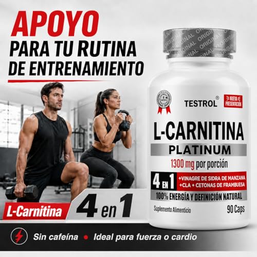 L Carnitina, Platinum 1300mg por porción | 4 en 1 | Carnitina Tartrato, Vinagre de Manzana Organico, Cla y Cetonas de Frambuesa | Pre Workout | Para Hombres y Mujeres, Testrol L-Carnitina 90 Cápsulas