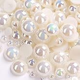 1000PCS Mixed Sizes 3/4/5/6/8/10mm Flatback Half Round Pearls Gems for Crafting, AB Color Pearl Beads Stones for Crafts Jewelry Clothes Shoes Dress Nail Art Making Embellishments (Ivory White AB)