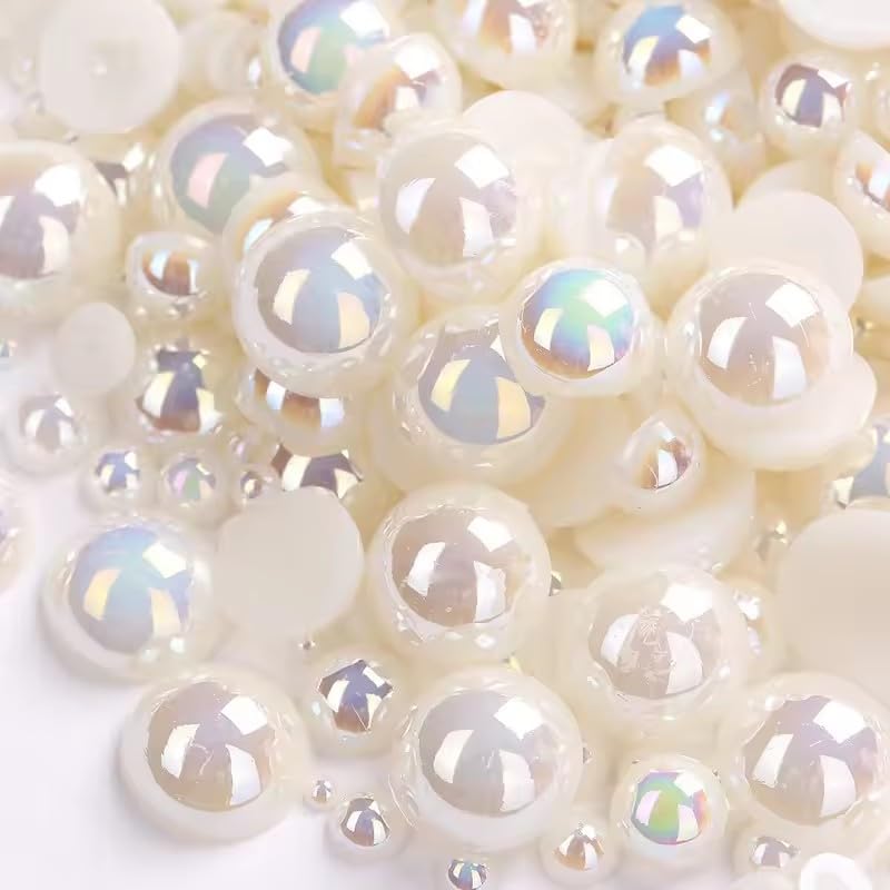 Photo 1 of 1000PCS Mixed Sizes 3/4/5/6/8/10mm Flatback Half Round Pearls Gems for Crafting, AB Color Pearl Beads Stones for Crafts Jewelry Clothes Shoes Dress Nail Art Making Embellishments (Ivory White AB)