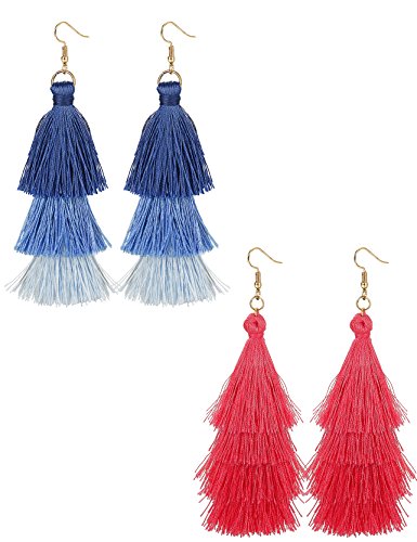 FINREZIO 2 Pairs Dangle Tassel Earring for Women Girls boho Earring Gradient Blue and Red (Style D:Blue and Red)