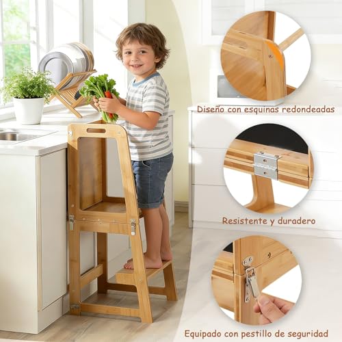 YISHEN 4In1 Torre de Aprendizaje Montessori,Torre Montessori para Niños Antideslizante,Torre de Aprendizaje con Tablero Blanco y Negro,Ajustable en Altura,con Pincel y Borrador,para Niños de 1a3 Años