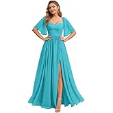 IIF Women's Chiffon Bridesmaid Dresses for Wedding Flutter Sleeves Ruched A Line Long Formal Dress with Slit IIF149