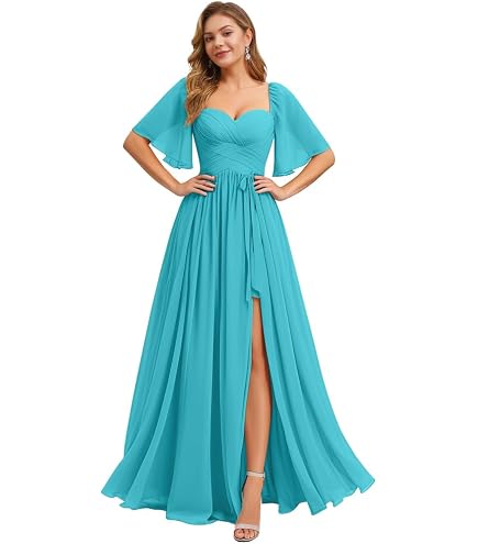 bridesmaid dress kl Women's Chiffon Dresses with Slit Square Neck Flutter Sleeves A Line Evening Formal Aqua Blue US20W : Clothing, Shoes & Jewelry Aiana Satin Maxi Dress festival style Neck:16-16.5 Choose from available sizes