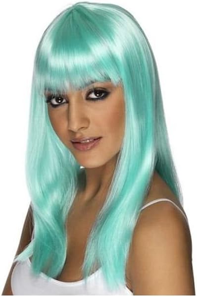 Glamourama Wig One Size Smiffys Womens Long And Straight Neon Aqua Wig With Bangs 42157 Toys Games Fancy Dress Accessories