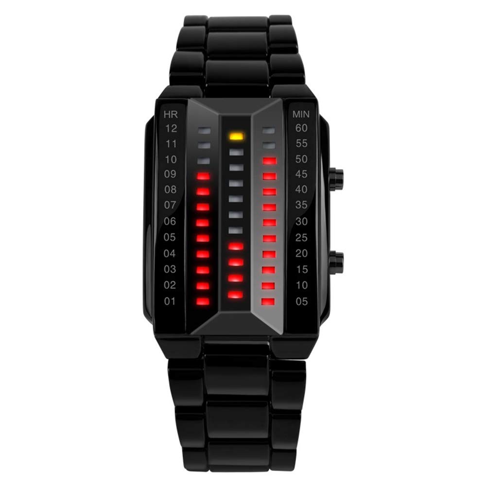 FeiWen Unique Black Stainless Steel Binary Digital Watches for Men and Women Red Yellow LED Lights Rectangle Dial Fashion Style Wristwatches Date (Large)