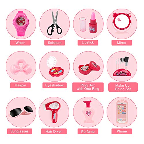 Cocojeci Girls Pretend Play Makeup Kit, Beauty Makeup Set for Kids Play Dress Up Cosmetic Toys with Makeup Brush, Hair Dryer, Mirror, Phone, Watch, Sunglasses, Ring, Scissor, 12PCS