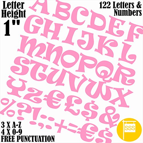 122 LETTERS & NUMBERS =1 INCH= PINK =PLUS FREE PUNCTUATION Self Adhesive Sticky Letters And Numbers Waterproof Long Life Vinyl