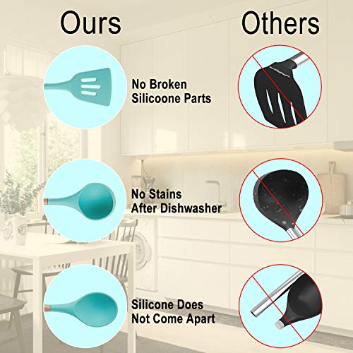 Kitchen Utensil Set, CROSDE 15pcs Cooking Utensils Set Silicone Kitchen Tools Wooden Spatula Set Cookware Turner Tongs Spatula Spoon Kitchen Gadgets with Holder - Teal - Thumbnail 4