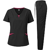Dagacci Medical Uniform® Scrubs for Women Set – 4-Way Stretch Contrast V-Neck Top and Pants Sets for Women – 9 Pockets