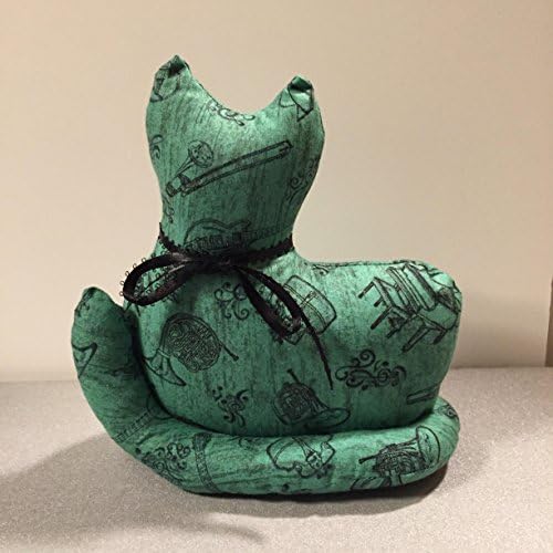 Free ship to USA - Stuffed 100% cotton Fabric Kitty Cat approx 7 x 8 inches stuffed pillow / toy - Green Musicial fabric - smoke free - pet free