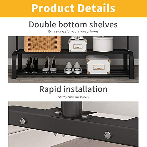 UDEAR Garment Rack Freestanding Clothes Rack with Top Rod,Lower Storage and 6 Hooks,Black