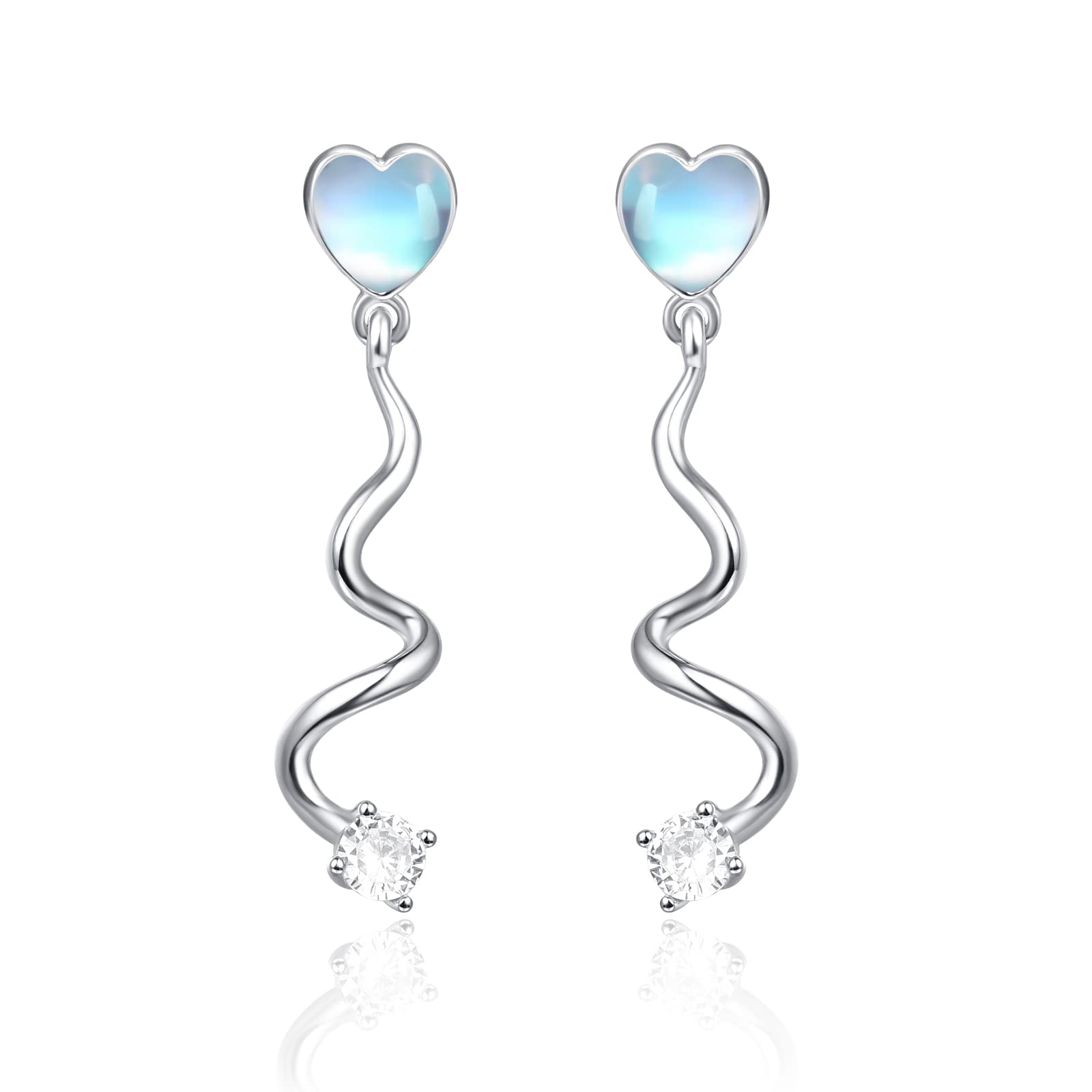 KINGWHYTE Heart Moonstone Earrings 925 Sterling Silver Heart Helix Thread Stud Earrings with Cubic Zirconia Moonstone Tassel Jewellery Gifts for Women Girls Girlfriend