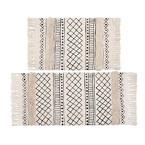 HiiARug Cotton Area Rug Set 2 Piece 2'x3'+2'x4'4, Woven Tufted Area Rug Tassel Geometric Rhombus Throw Rugs Machine Washable Floor Runner Rug for Bedroom Bathroom Living Room Kitchen (Cream CR2pc)