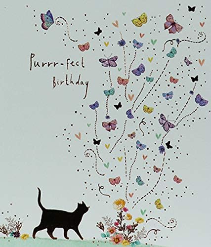 Beautiful Artistic Female Birthday Card From the Lemon Sorbet Range by Paperlink, Cat with Butterflies, Exquisite Foil Finish