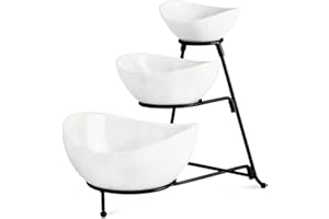 YHOSSEUN 3 Tier Serving Stand with 3 Oval Porcelain Serving Bowl Set with Collapsible Thicker Sturdier Metal Rack (Black)