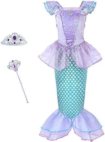 Cmiko Mermaid Costume Princess Ariel Generic Dress with Crown and Magic Wand for Girls Party