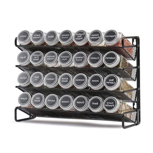 GANGHUI Spice Jars 4-Tier Stackable Spice Racks with 28 Glass Spice Jars, Seasoning Bottle Organizer with 386 Labels with Chalk Marker and Funnel Complete Set for Countertop, Cabinet or Wall Mount