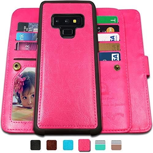 CASEOWL Galaxy Note 9 Cases, Magnetic Detachable Lanyard Wallet Case with 9 Card Slots, Kickstand, Hnad Strap for Galaxy Note 9, 2 in 1 Folio Flip Premium Leather Removable TPU Case(Hot Pink)