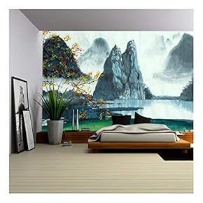 Chinese Mountains, Fog, Autumn and Lake - Removable Wall Mural | Self-Adhesive Large Wallpaper - 66x96 inches