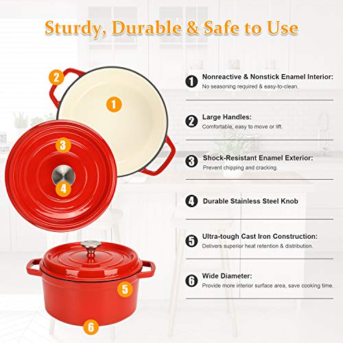 Dutch Oven Red,Enameled Cast Iron Dutch Oven with Lid, 5 Quart Round Nonstick Enamel Cookware Crock Pot,Dutch Oven with Dual Handle and Cover Casserole Dish 9.45 Inch